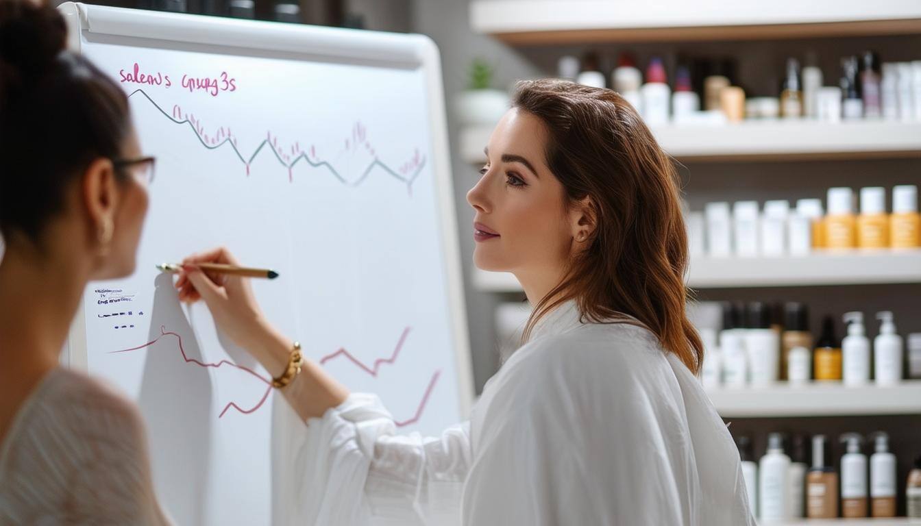 beauty salon owner in meeting with a sales professional drawing upgoing sales trend on whiteboard and beauty products on shelf