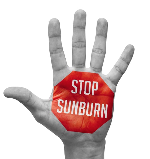 Stop Sunburn Sign Painted - Open Hand Raised, Isolated on White Background.
